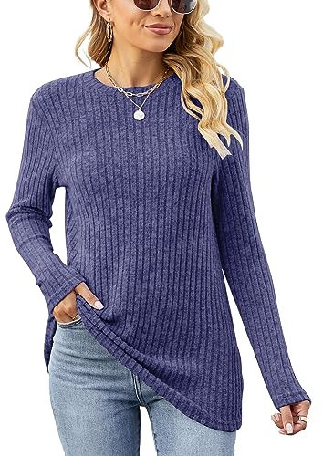 Famulily Ladies Round Neck Jumpers Thermal Long Sleeve T Shirts Loose Fit Pullover Thin Sweater Knitted Tops Blue XL