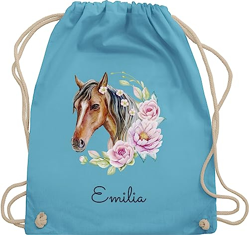 Turnbeutel Rucksack - Pferd Pferde - Wunschname Pferdekopf Name I Pferdemotiv I Geschenk Pferdemädchen - Unisize - Hellblau - beutel für kindergarten pferderucksäcke pferden horse sportbeutel