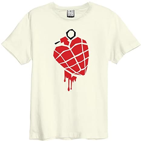 Amplified Unisex Adult American Idiot Heart Grenade Green Day T-Shirt (XL) (Vintage White)