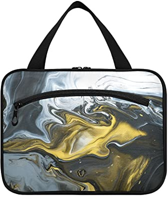 Peinture acrylique à texture marbrée noire, dorée, peinture acrylique, art moderne, 1 trousse de toilette de voyage à suspendre avec poignées, organisateur de maquillage portable, étui de rangement