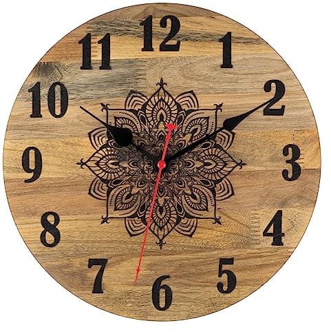 Foxtop Holz Wanduhr Mandala Lautlos Ohne Tickgeräusche 30 cm Dekorative Massivholz Uhr für Wohnzimmer Küche Büro Café Bar