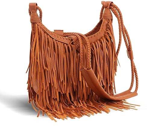 Emprier Vintage Fringe Hobo Taschen für Frauen Vegan Kunstleder Quaste Crossbody Tasche Fransen Geldbörse, Braun