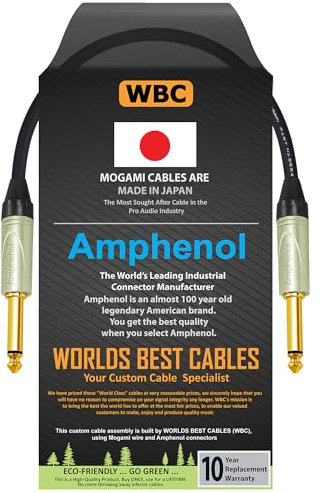 WORLDS BEST CABLES Cable de 50 cm para guitarra, bajo, instrumento con cable Mogami 2524 y conectores TS dorados Amphenol QM2P-AU de 6,35 mm