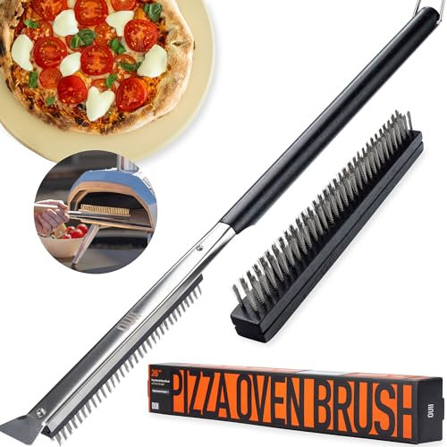OUII Brosse pour four à pizza de 66 cm avec grattoir à pierre – Comprend 2 têtes de brosse, poils en acier inoxydable résistants à la chaleur – Long manche à prise en main, compatible avec les fours