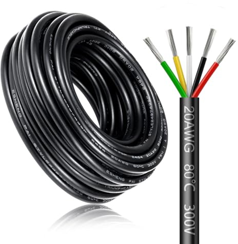 30 Metri 20AWG 5x0,5mm² Cavo Elettrico, Cavo a 5 Conduttori 5V/12V/24V/300V Cavo di Alimentazione in Rame Stagnato, Flessibile e Morbido Bassa Impedenza Elevata Resistenza alle Alte Temperature Cavo