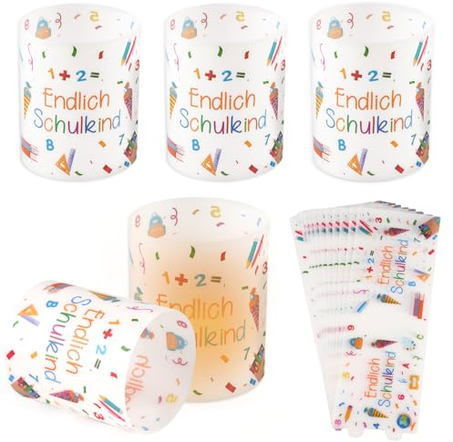 12 Stück Windlicht Tischdeko Einschulung, Thema Endlich Schulkind, Windlicht Tischdeko, Windlicht Tischdeko Deko, für Teelichter/Kerzen(10x26cm)