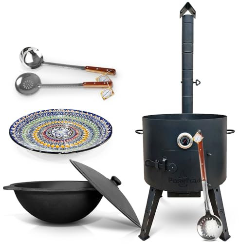 Utschak Feuerofen mit Thermometer Gusseisen Topf runder Boden mit Deckel (22 L) Schaumlöffel, Schöpfkelle, Lagan KazanoFF, Учаг, Kazan (22F 3)