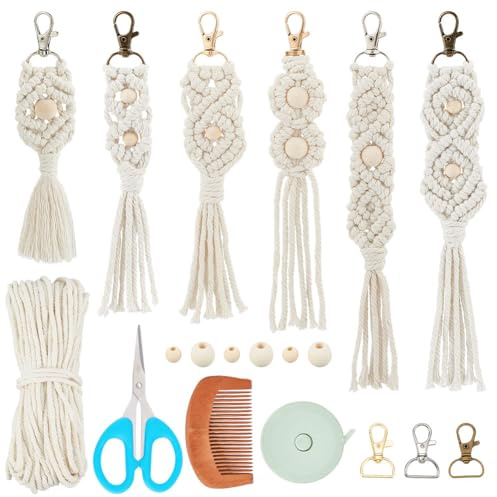 INFUNLY 6-Teiliges Boho-Makramee-Schlüsselanhänger-Set Für Erwachsene, DIY-Bastel-Schlüsselanhänger-Herstellungsset, Holzperlen-Schlüsselanhänger Mit Quaste, Schlüsselanhänger Für Damen, Schlüsselanhä