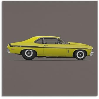 ZHUAI Vintage-Sportwagen-Poster, Gelb, Chevy II, Nova Muscle Car, dekoratives Gemälde, Leinwand, Kunstbild, 70 x 70 cm