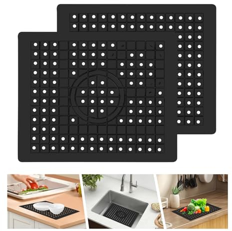 YQBFTC 2 inserti per lavello, in gomma, 31,4 x 26 cm, per lavello, per cucina e bagno, protegge la superficie del lavello e dei piatti (nero)