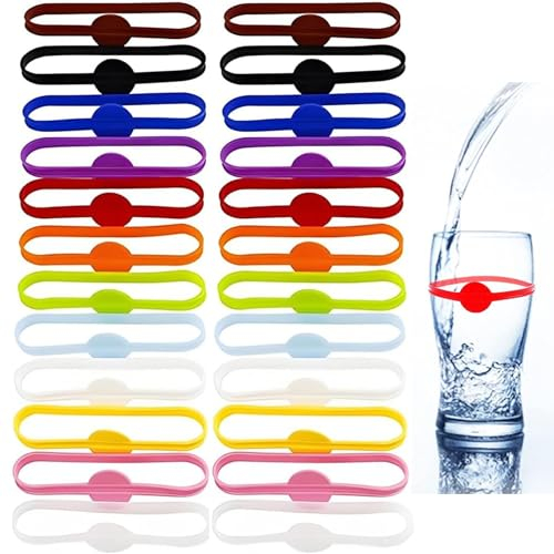 24 Piezas Marcadores de Copas, Identificador de Vasos Cristal Silicona Identificación Vidrio Anillos Reutilizable Etiquetas Botella Vino Coloridos Bebidas Silicona Marcador Taza (01) (C)