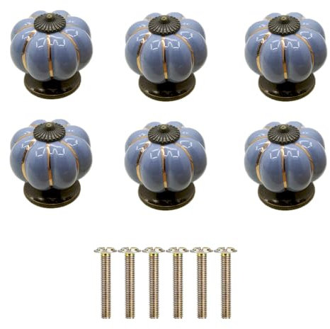 Yuaaoh Lot de 6 Poignée Ceramique Citrouille, Bouton de Porte de Placard, Poignet de Porte Bouton Porcelaine avec Vis pour Maison, Bureau, Armoire de Cuisine, Tiroirs et Placard 4x4x4cm (Bleu Foncé)