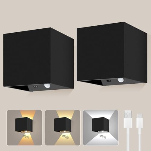 ALUSSO Akku Wandleuchte, 4000mAh Wandlampe Innen mit Bewegungsmelder, Kabellos Wandleuchte Innen mit 3000/4000/6000K, LED Wandleuchte Innen mit 2 Modi (AUTO/HAND), Einstellbar Abstrahlwinkel, Schwarz
