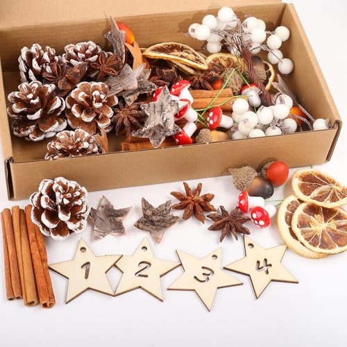 HERZONE 95pcs Adventskranz Deko, Weihnachtsdeko Zum Basteln, Weihnachtsdeko Adventskranz mit zapfen Orangenscheiben Zimtschnecken Sternanis Eichel Birke Stern Pilze Beere (A(mit weiss beeren))
