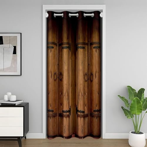 Loussiesd Brown Wooden Door 132X203Cm Farmhouse Bedroom & Living Room Wardrobe Blackout Decoration Countryside Pattern Wooden Curtain
