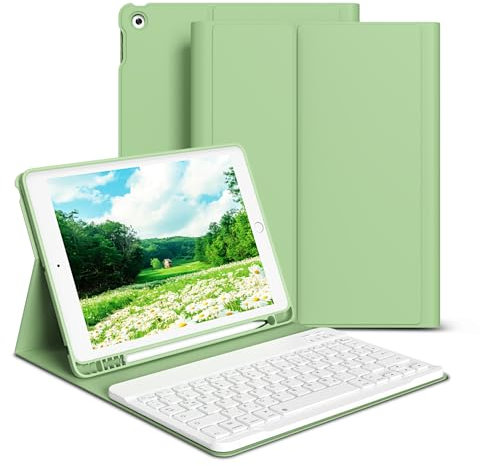 GKABXY hülle mit Tastatur für iPad 9/8/7 Generation (2021/2020/2019) 10,2 Zoll, weiche TPU-Rückseite mit Stifthalter, QWERTZ Layout, magnetische abnehmbare Bluetooth Tastatur, Matcha Grün