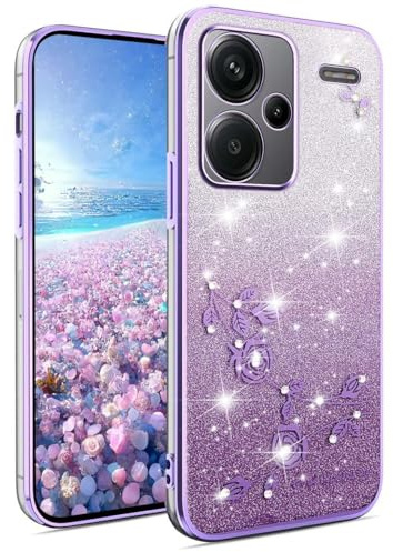 YUEQIAN Glitter Case for Xiaomi Redmi Note 13 Pro+ Plus 5G, Ultra Thin Transparent Soft Silicone TPU Bumper Shockproof Cover, Elegant Bling Diamond Flowers Women Girls Case. Purple