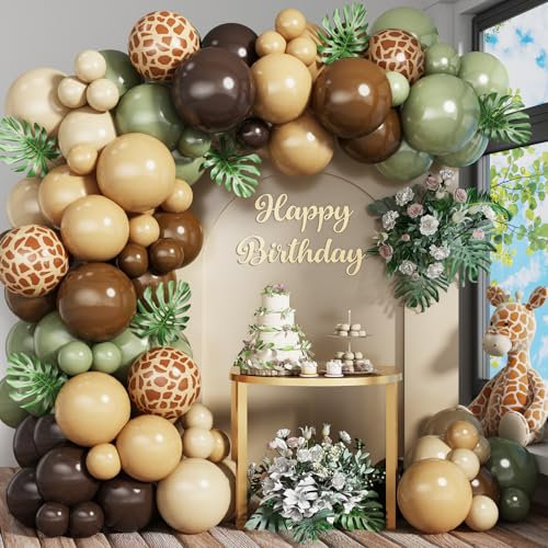 HILAVO Ballon Girlande Grün Braun Luftballon Girlande Beige Braune Sage Grün Avocado Dschungel Kaffee Gold Party Helium Ballons mit Tiere Ballon für Geburtstag Hochzeit Safari Waldtiere Babyparty Deko