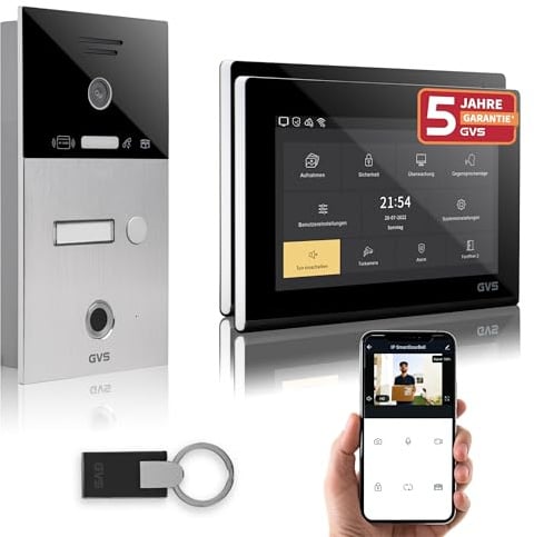 GVS Video Türsprechanlage mit Türöffner, Fingerprint, RFID, 2X 7 Monitore | Smarte Video Türklingel mit Kamera und Monitor & App - Gegensprechanlage für 1 Familienhaus (AVS5085U)