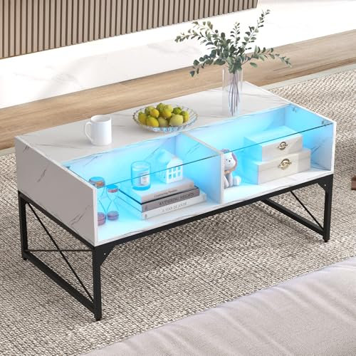 COSTWAY LED Couchtisch, Wohnzimmertisch Marmor Optik, Kaffeetisch mit einstellbaren Lichtfarben & Helligkeit, Fernbedienung und 4 Ablagefächern, Sofatisch für Wohnzimmer, 105 x 55 x 50 cm (Weiß)