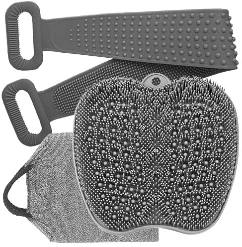 MGE World - Alfombrilla Lavapies + Toalla Exfoliante Espalda + Cepillo Silicona de Ducha - Alfombra Masaje Pies con Esponja para Espalda y Cepillo Corporal Silicona - Set de 3 Unidades