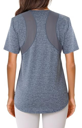 Crewhpo Women's Gym Shirts Short Sleeve Running Top Back Mesh Lightweight Moisture Wicking T-Shirt Loose Fit Sports Tops Navy Blue