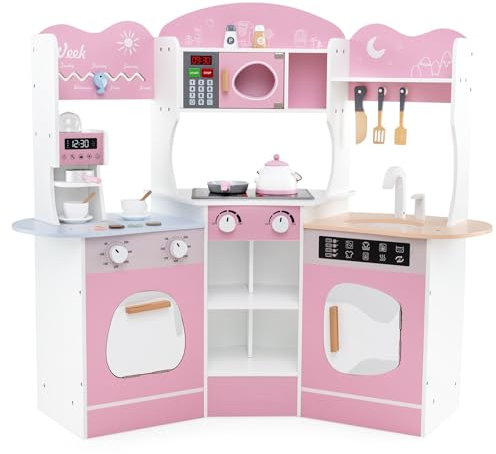 RELAX4LIFE Cucina Giocattolo per Bambini, Mini Cucina Angolare in Legno con Luci e Suoni Reali, Utensili da Cucina, Set Giocattoli per Bambini 3+ Anni, 105 x 30 x 95 cm (Rosa)