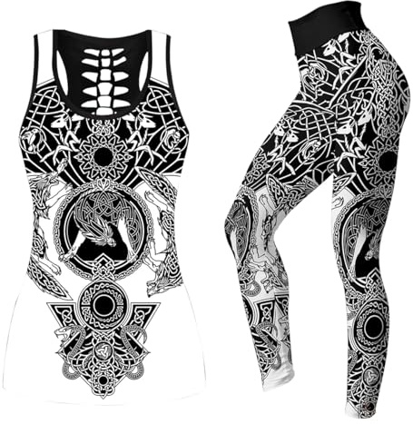 MYZTTZR Femmes Débardeurs Legging Tête de Mort Yoga Tenues Impression 3D Mythologie Nordique Polyesters Entraînement Vêtements de Sport