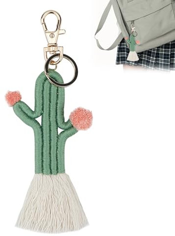 Abitzon 1 llavero tejido de cactus, colgante de cuerda de algodón, colgante de cactus con llavero, llavero de cactus, para mujeres y niñas, bolsas decorativas, verde, 15.5cm