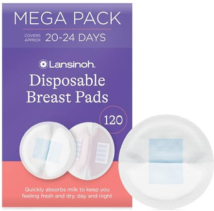 Lansinoh Disposable Breast Pads for nursing breastfeeding mothers, essential for hospital bag, thin super absorbent layers, discreet fit, 60 Count (Pack of 2)
