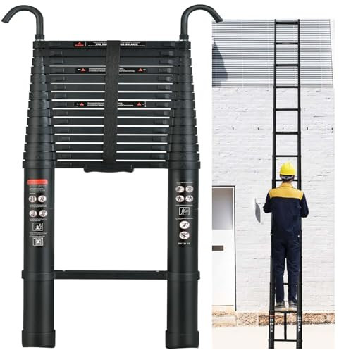 Generic Aluminium Telescopic Ladder, 6.2M, Black, 150KG Load Capacity, 13 Steps, Anti-Slip, Extendable, Stable and Secure