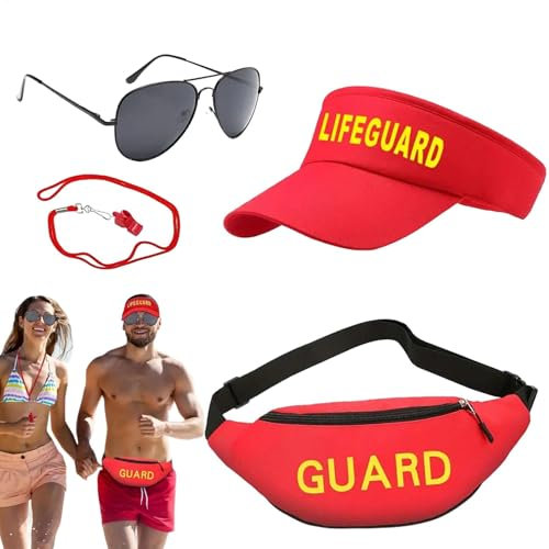 Wach-Kostüm-Set - Rettungsschwimmer Kostüm Verstellbar Rettungsschwimmer mit Baywatch Zubehör | Sun Visor, Fanny Pack, Sonnenbrille, Pfeife, Rettungsschwimmer Kostüm Cool Set für Hallowe, Einzelne