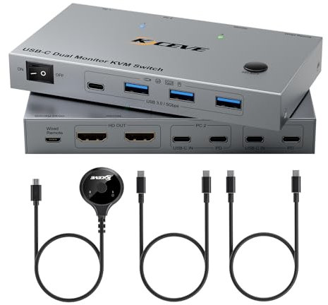 YOUTINGHDAV KVM Switch 2 PC 2 Monitore USB C, USB 3.0 KVM Switch Dual Monitor HDMI 4K@60Hz für 2 Laptops, MST, 80W PD, mit 2 USB-C Kabels und Kabelgebundener Fernbedienung