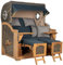 MR. DEKO® Strandkorb Düne Grande XL 2,5-Sitzer Teak | PE Geflecht Grey - Dessin 593 | Volllieger Strandstuhl mit Bullauge inkl. 2 Fußablagen | je 2 Kissen und Nackenkissen | Strandkörbe aus Teakholz