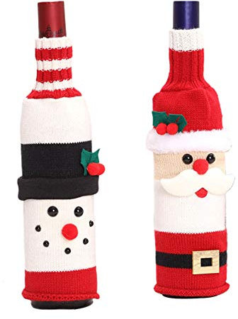 BAFOVY 2 Wine Bottle Covers, Christmas Reindeer Santa Snowman, Festive Holiday Party Decorations for Regular Size Wine Bottles for Home, Hotel Lobby, Restaurant or Christmas Party