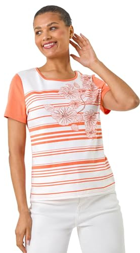Roman Originals T-Shirt for Women UK - Ladies Tee Shirt Summer Top Holiday Day Causal Short Sleeve Blouses Round Crew Boat Neck Lightweight - Floral Orange - Size 16