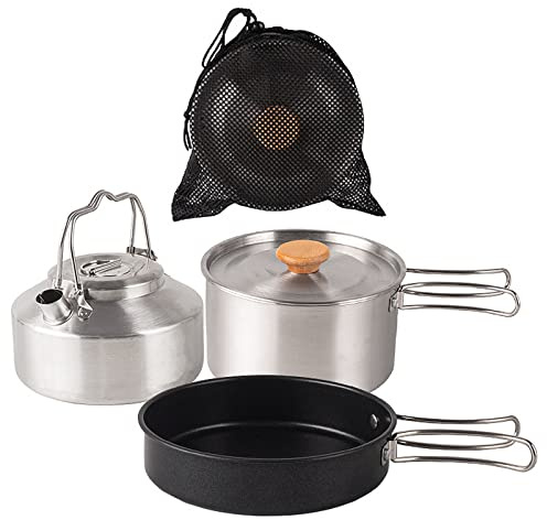 Qsvbeeqj Juego de cocina de acero inoxidable para camping, sartenes y hervidores, kit de viaje, montañismo, picnic, barbacoa, utensilios de cocina para camping