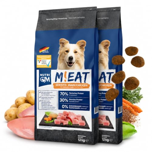 NutriQM® Sensitiv Trockenfutter Getreidefrei | 2 x 12 kg | Monoprotein Huhn 70% | Hundefutter Trocken Sensitiv für empfindliche Hunde | Ohne Zusatzstoffe | Mit Omega 3 aus Lachsöl | Made in Germany