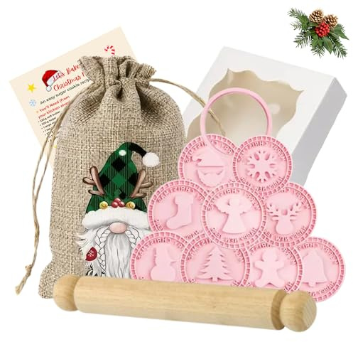 Christmas Cookie Cutters Kit for Kids & Adults – 3D Embosser Set with Gonk Bag, Small Rolling Pin, Biscuit Recipe Card & Cookie Gift Box – Fun Christmas Baking Activity