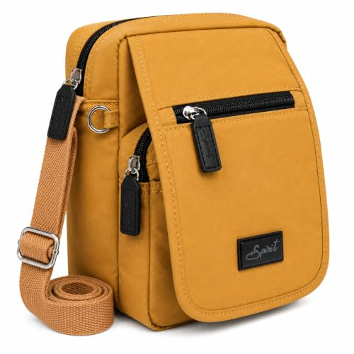 Spirit - Nylon Splash Resistant Crossbody Bag - Lightweight Travel Bag - Multiple Sections & Adjustable Strap - Small Size- Mustard/Dark Chocolate