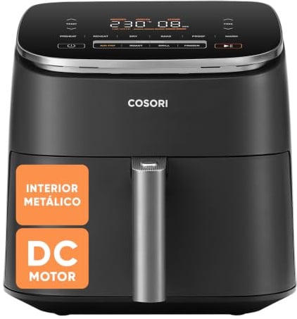 Cosori Freidora de Aire Turbo Blaze 6L, 9en1, Ultrarrápida, 95%Menos Aceite | Motor DC Circulación 360°, 27dB, Timer 1min–24h, 30 °C–230 °C, Recetario Incluido, Interior Metálico, Apta para Lavavajillas
