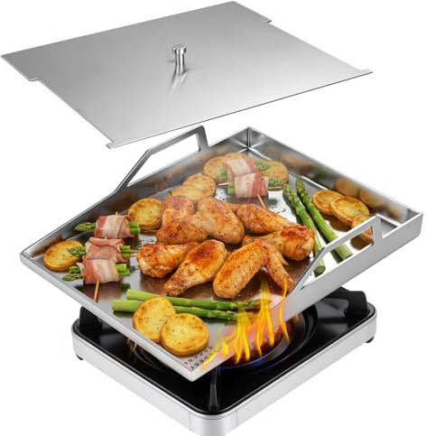 Bellanny 4mm Plancha Grillplatte aus Edelstahl mit Deckel | 40x30cm Plancha Set für Gas & Kohlegrill - Spülmaschinenfest, auslaufsichere Ecken für sauberes Grillen,ideal für Burger,Gemüse,Fisch,Steaks