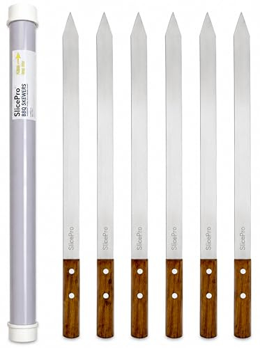 61 cm Long x 2.5 cm Wide X 2mm Set of 6 Thick Stainless Steel BBQ Skewers, Reusable Metal Skewers with Wooden Handles and Plastic Storage Tube. Dishwasher Safe, for Grilling Meat, Kabob. BBQ Tool