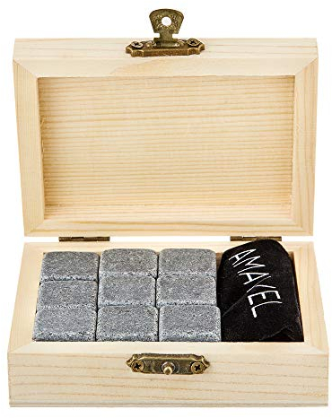 AMAVEL 9 Pietre Raffreddanti da Whisky in Elegante Scatola in Legno, Cubetti in Granito Riutilizzabili e Insapori