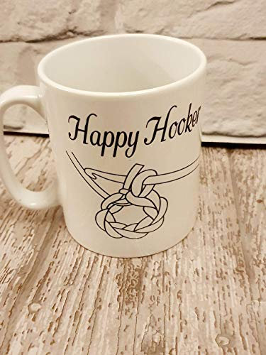 Happy Hooker crochet Mug. Craft lovers Novelty present. Valentines day gift for girlfriend or wife. Secret Santa, Gift for friend mum sister auntie. Christmas Present. Christmas eve box filler.