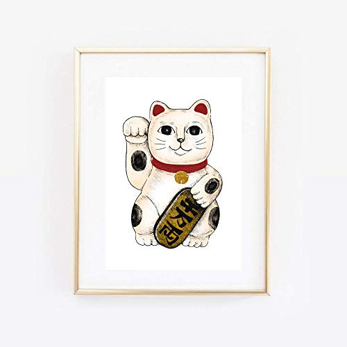 Din A4 Kunstdruck ohne Rahmen - Japanische Glückskatze - Maneki Neko - Katze Reichtum Glück Geschenk Druck Poster Bild