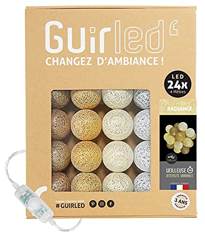 GuirLED - LED - Lichterkette mit Kugeln aus Baumwolle mit USB – Nachtlicht für Babys 2 Stunden – Netzadapter mit 2 A USB 2 A im Lieferumfang enthalten – 3 Intensitäten – 24 Kugeln 2.4 m – Radiance