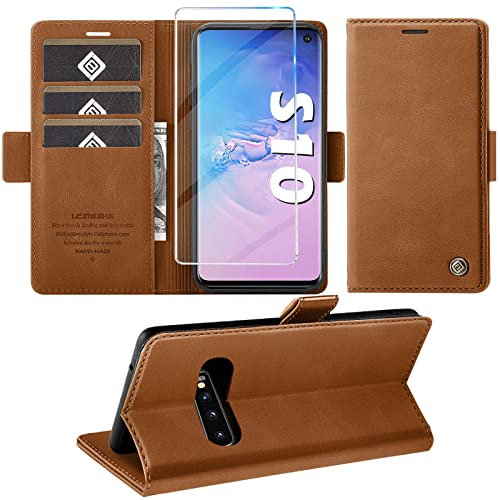 für Samsung Galaxy S10 Hülle mit Schutzfolie, Handyhülle Galaxy S10 Standfunktion Kartenfach Wallet Premium Leder Schutzhülle S10 Flip Case Cover Stoßfeste Klapphülle