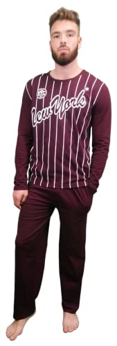 Kruxader, Abbigliamento da Note da Uomo, en Pyjama en Coton, Manches Longues, style NYC, Pantalon élastiqué (NYC Burgundy White, 2XL)