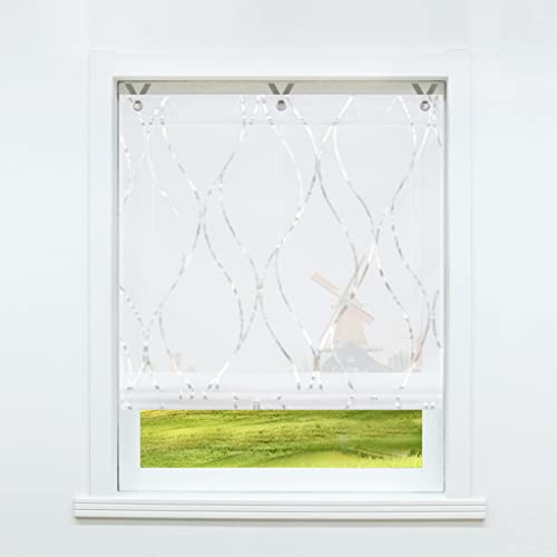 CORLIF Raffrollo mit Ösen Gardinen Küche Raffgardinen Transparent Ösenrollo Vorhänge Mit Wellen-Druck Modern Voile Silber BxH 100x130cm 1 Stück